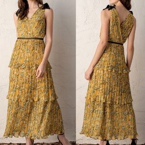 Lulus Wm M Yellow Floral Print Such Sophistication Pleated Tiered Maxi Dress NWT